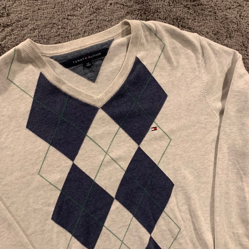 Tommy Hilfiger Mens Argyle V-Neck Sweater Grey Navy Blue Green Large